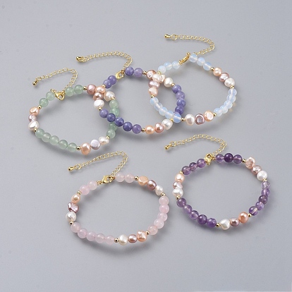Beaded Bracelets, with Natural Pearl Beads, Gemstone Beads and Golden Plated Brass Chain Extender and Spacer Beads