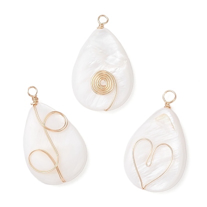3 шт 3 стили натуральные пресноводные подвески из ракушек, подвески-слезинки с медной проволокой в обертке, золотые, белые