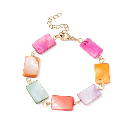 Natural Shell Rectangle Link Chain Bracelet, 304 Stainless Steel Jewelry for Women, Golden