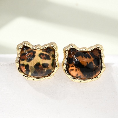 Латунь серьги, Голова кошки с леопардовым принтом, cmолой, стойки покрытие, долговечный, без кадмия и без свинца