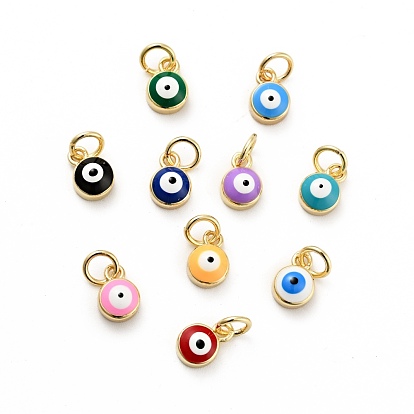 Rack Plating Brass Enamel Charms, with Jump Rings, Cadmium Free & Lead Free, Real 18K Gold Plated, Flat Round with Evil Eye