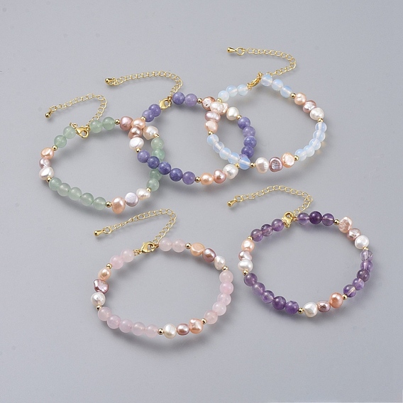 Beaded Bracelets, with Natural Pearl Beads, Gemstone Beads and Golden Plated Brass Chain Extender and Spacer Beads