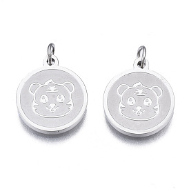 Ion Plating(IP) 304 Stainless Steel Charms, with Jump Rings, Flat Round with Tiger