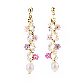 Perle naturelle avec des boucles d'oreilles pendantes de fleur de graine de verre, Boucles d'oreilles longues dorées en acier inoxydable pour femmes