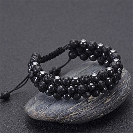 Bracelet triple couche magnétique noir en pierre volcanique de lave avec perles de pierres précieuses naturelles
