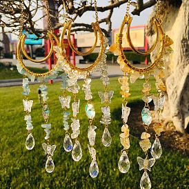 Natural Gemstone Chip Wrapped Metal Moon Hanging Ornaments, Glass Teardrop & Butterfly Tassel Suncatchers for Home Outdoor Decoration