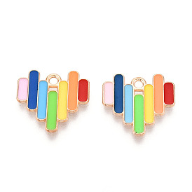 Rainbow Color Pride Alloy Enamel Pendants, Heart Charms, Light Gold