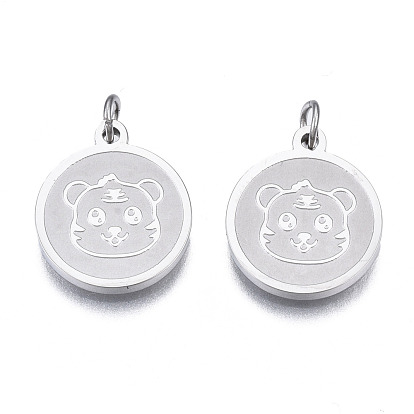 Ion Plating(IP) 304 Stainless Steel Charms, with Jump Rings, Flat Round with Tiger