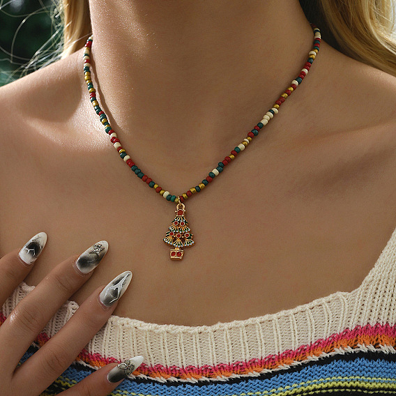 Рождественский кулон из сплава с эмалью, разноцветные стеклянные бусины, золотые