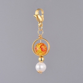Resin Imitation Amber Pendants, with Natural Pearl, Golden Plated Brass Bead Frames and 304 Stainless Steel Lobster Claw Clasps