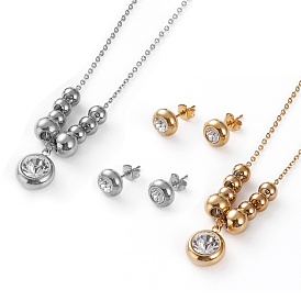 304 Stainless Steel Jewelry Sets, Cable Chains Pendant  Necklaces & Stud Earrings, with Rhinestone and Lobster Claw Clasps, Round