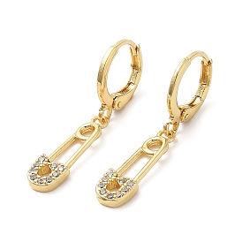 Rack Plating Brass Safety Pin Dangle Leverback Earrings with Cubic Zirconia, Lead Free & Cadmium Free