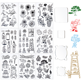 Globleland 9 Style PVC Plastic Stamps, for DIY Scrapbooking, Photo Album Decorative, Cards Making, Stamp Sheets, with Acrylic Stamping Blocks Tools