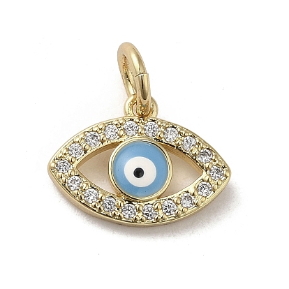 Brass Micro Pave Cubic Zirconia Charms, with Enamel, with Jump Ring, Real 18K Gold Plated, Evil Eye