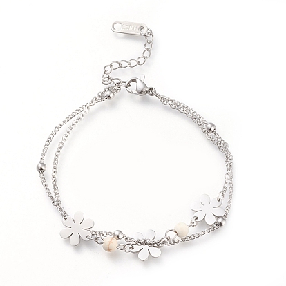 304 Stainless Steel Multi-strand Bracelets, with Natural Howlite Beads and Lobster Claw Clasps, Flower