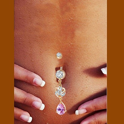 Piercing Jewelry, Brass Cubic Zirconia Navel Ring, Belly Rings, with 304 Stainless Steel Bar, Cadmium Free & Lead Free, Drop
