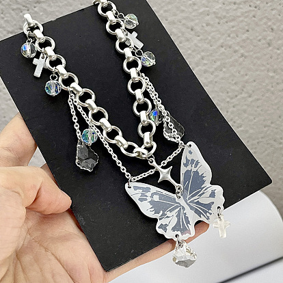 Y2K Butterfly Fringe Choker Necklace - Multilayered, White, Subculture, Unique, Trendy.
