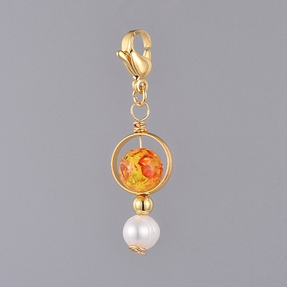 Resin Imitation Amber Pendants, with Natural Pearl, Golden Plated Brass Bead Frames and 304 Stainless Steel Lobster Claw Clasps