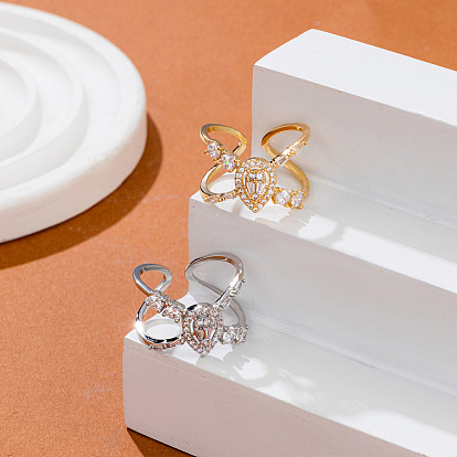 Anillos abiertos de latón con micropavé de circonitas cúbicas para mujer, lágrima