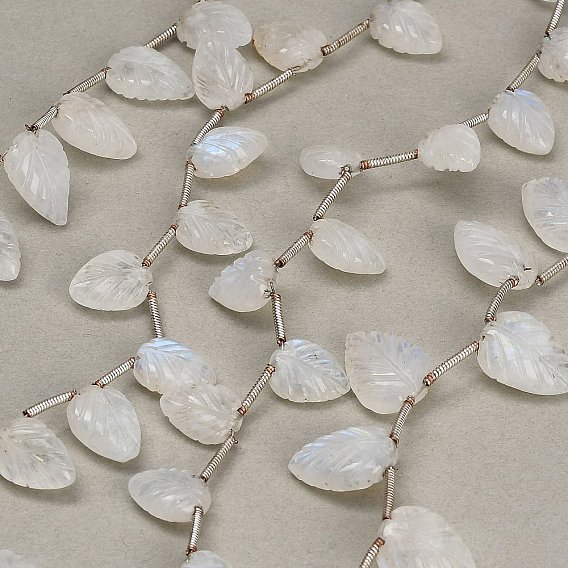 Natural Rainbow Moonstone Carved Beads Strands, Leaf, Top Drilled, with Tassel