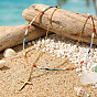 Collier bohème double rang de perles de verre rondes en acier inoxydable et pendentif croix en acier inoxydable aux couleurs de l'arc-en-ciel pour femme, or