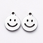 304 Stainless Steel Charms, Cut-Out, Manual Polishing, Hollow, Flat Round with Smile