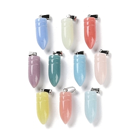 Synthetic Noctilucent Stone/Luminous Stone Pendants, Glow in the Dark Bullet Shape Charms with Stainless Steel Color Plated 201 Stainless Steel Snap on Bails