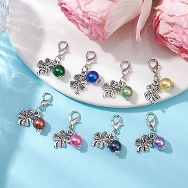 12Pcs 12 Colors Round Acylic Imitation Pearl Pendant Decoration, Tibetan Style Alloy Clover and Lobster Claw Clasps Charms for Bag Ornaments