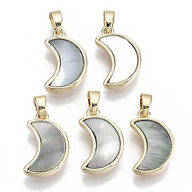 Natural Black Lip Shell Pendants, with Brass Findings, Nickel Free, Moon