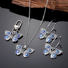 Bohemian Tribal Blue Eye Keychain and Antique Silver Butterfly Devil's Eye Necklace Jewelry Set