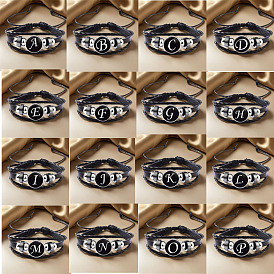 Регулируемые многослойные браслеты из искусственной кожи, браслеты из латунных стеклянных бусин, плоские круглые с буквы, платина