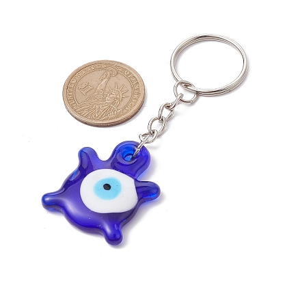 Blue Glass Evil Eye Pendants Keychains, with Iron Split Key Rings