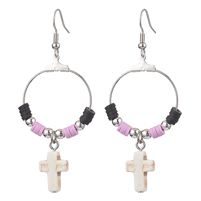 Cross Synthetic Turquoise & Polymer Clay Dangle Earrings for Women, with Brass Earring Hooks
