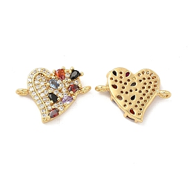 Brass Micro Pave Cubic Zirconia Connector Charms, Heart Links, Golden