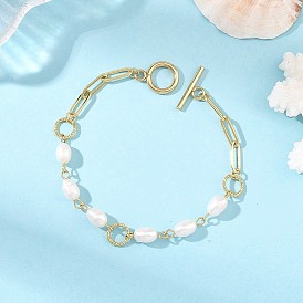 Natural Cultured Freshwater Pearl Rice Brass Paperclip Chain Bracelets with OT Clasps for Women, White