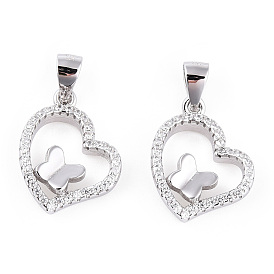 Rhodium Plated 925 Sterling Silver Micro Pave Clear Cubic Zirconia Pendants, Butterfly Heart Charms with 925 Stamp