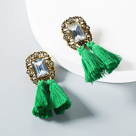 Bohemian Crystal Tassel Earrings with Gemstones and Diamonds
