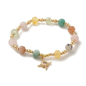 Faceted Rondelle Natural Mixed Gemstone Bead Stretch Bracelets, Star Charm Bracelets for Women, Real 14K Gold Plated