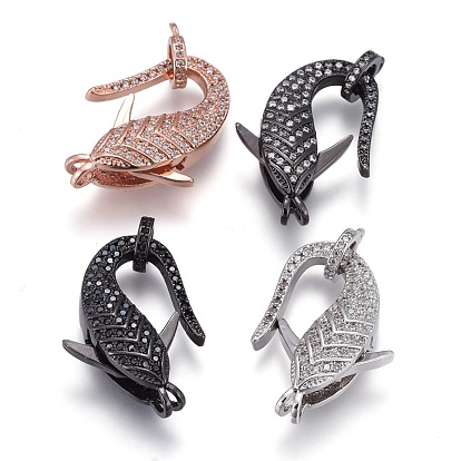 Brass Micro Pave Cubic Zirconia Lobster Claw Clasps, with Bail Beads/Tube Bails, Long-Lasting Plated, Fish