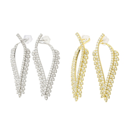 Hollow Leaf Brass Stud Earrings, with Clear Cubic Zirconia, Long-Lasting Plated, Lead Free & Cadmium Free