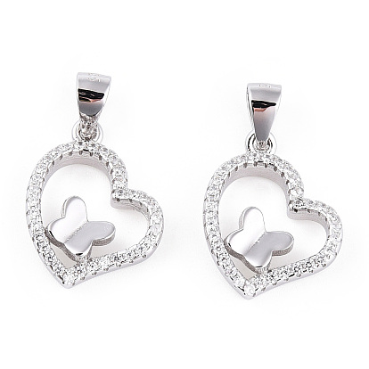 Rhodium Plated 925 Sterling Silver Micro Pave Clear Cubic Zirconia Pendants, Butterfly Heart Charms with 925 Stamp