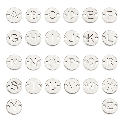 104Pcs 26 Letters 304 Stainless Steel Links Connectors, Laser Cut, Flat Round with Letter, Stainless Steel Color