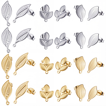 36Pcs 6 Styles 304 Stainless Steel Stud Earring Findings, with Loop and Ear Nuts/Earring Backs, Leaf