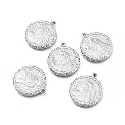 304 Stainless Steel Pendants, Flat Round with Virgin Mary