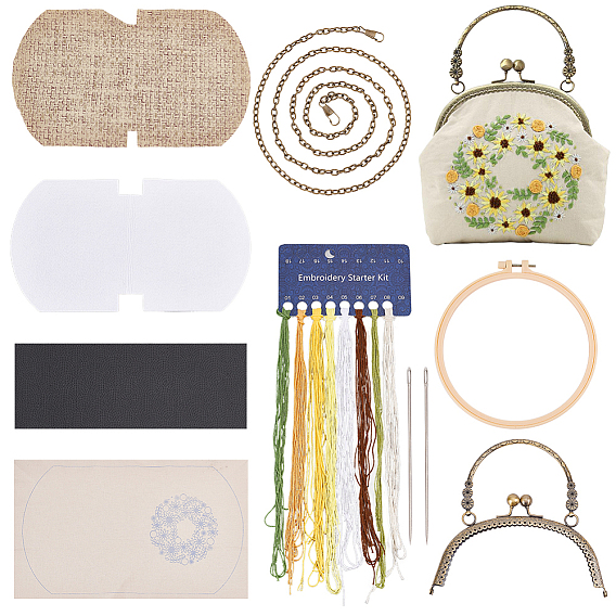 Комплекты сумок через плечо с вышивкой в этническом стиле с цветочным узором, включая обруч с замком для поцелуя и ручкой, пяльцы из пластика, имитация бамбука, мешок цепи, игла, потоки, ткань