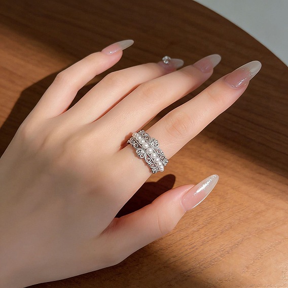 Brass & Imitation Pearl Cuff Open Rings for Women, Flower