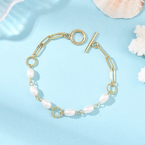 Natural Cultured Freshwater Pearl Rice Brass Paperclip Chain Bracelets with OT Clasps for Women, White