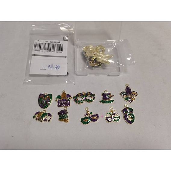 20 pièces 10 styles pendentifs en alliage émaillé et poudre pailletée sur le thème du carnaval/mardi gras, thème du carnaval, sans plomb et sans cadmium, or