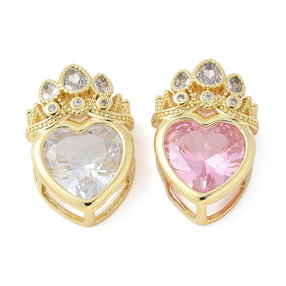 Латунные микро проложить кубического циркония бусы, сердце с короной, стойки покрытие, долговечный, без свинца и без кадмия, реальный 18 k позолоченный