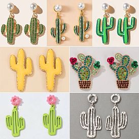 Minimalist Forest Style Pearl Earrings - Elegant, Green Cactus Ear Studs.